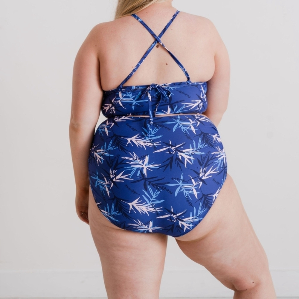 NWT 2XL High Waist Ruched Bikini Swimsuit Bottom Blue Palm - Picture 5 of 16